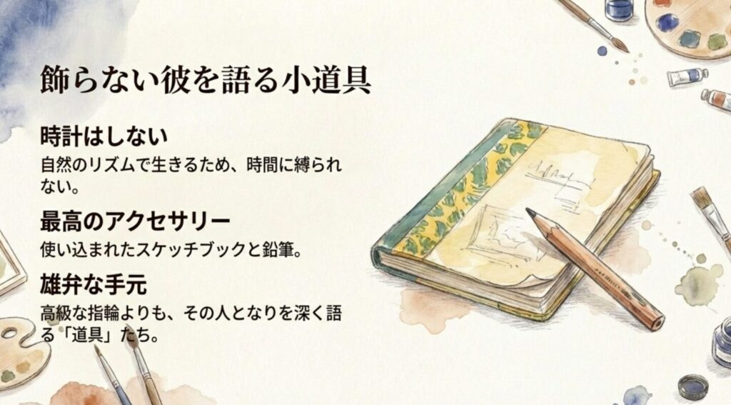 飾らない彼を語る小道具:時計はせず、使い込まれたスケッチブックが最高のアクセサリー