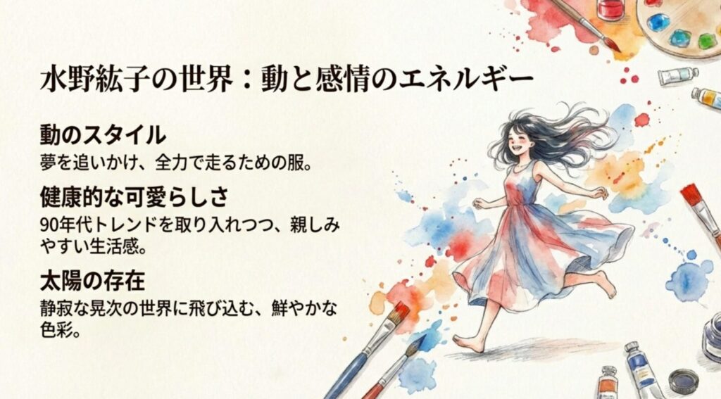 水野紘子の世界観:動と感情のエネルギー、健康的な可愛らしさ