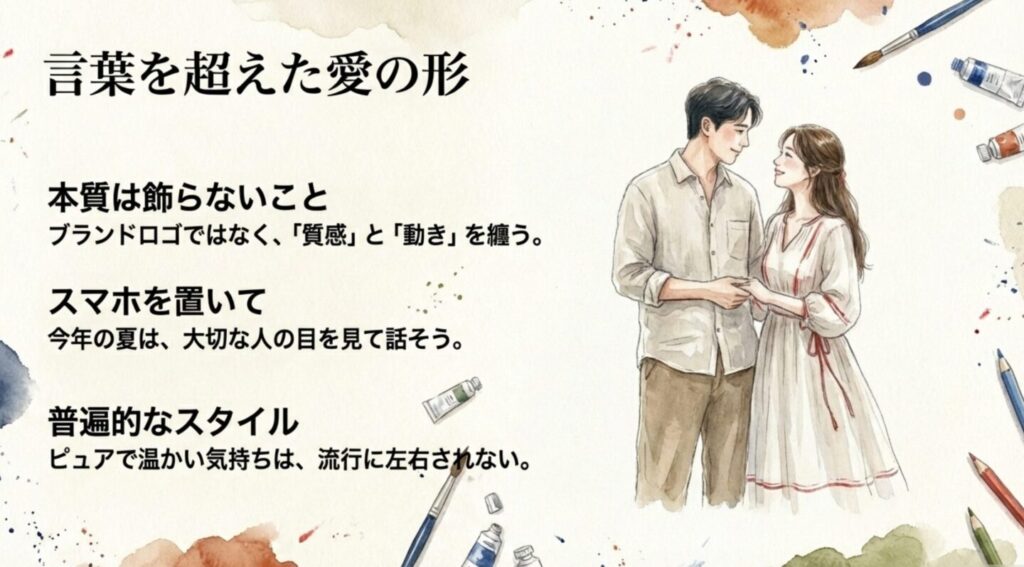 言葉を超えた愛の形:本質は飾らないこと、普遍的なスタイル
