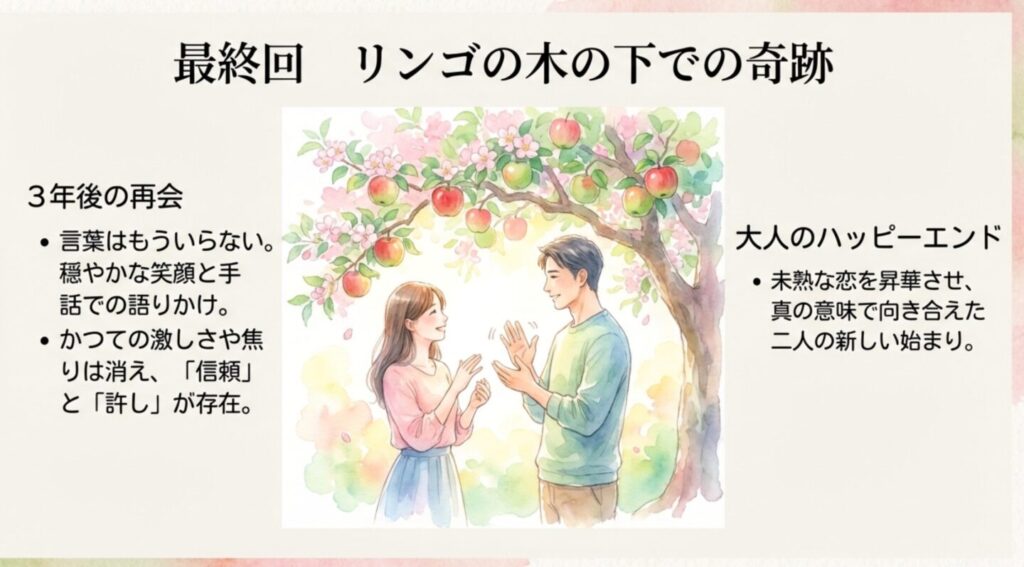 最終回、リンゴの木の下での奇跡的な再会。信頼と許しによる大人のハッピーエンド解説