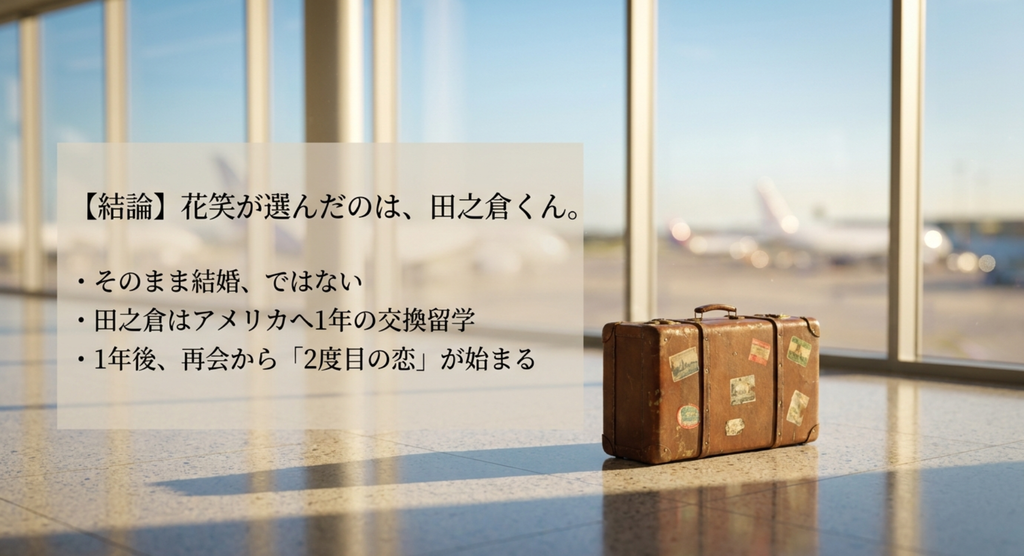花笑が田之倉くんを選び、アメリカ留学を経て1年後に2度目の恋を始める最終回の結末