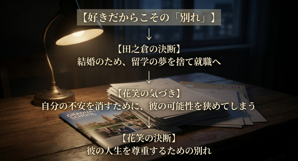 田之倉くんの留学の夢と花笑の不安を対比し、好きだからこそ別れを選んだ理由を整理したスライド