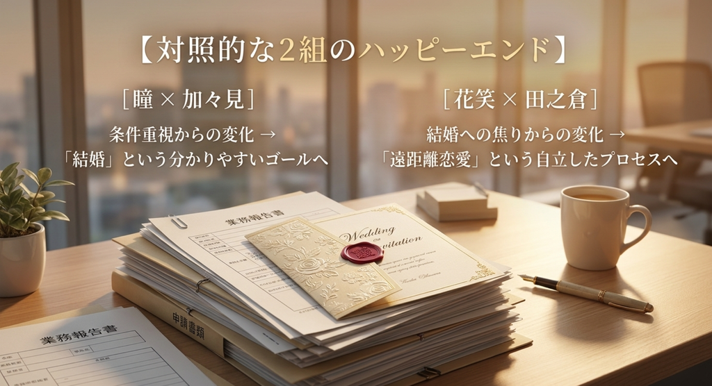 結婚へ進む瞳と加々見、遠距離恋愛を選ぶ花笑と田之倉という二組の異なる幸せを比較したスライド