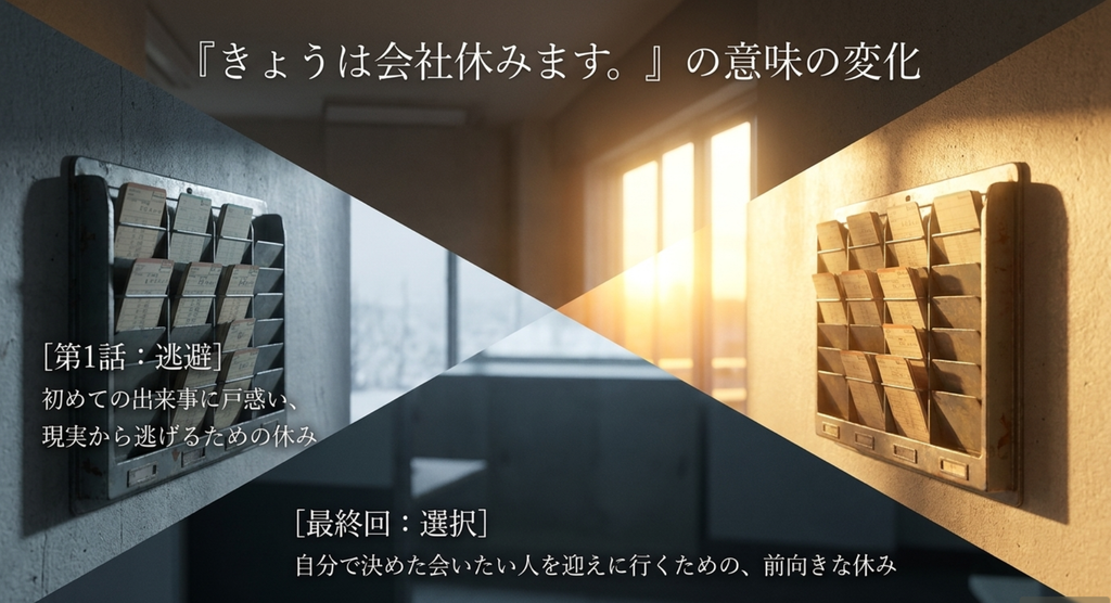 第1話では逃避、最終回では自分の選択として会社を休む花笑の成長を対比したスライド