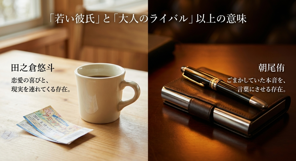 田之倉悠斗は恋愛を現実へ連れてくる存在、朝尾侑は花笑の本音を言葉にさせる存在と対比したスライド