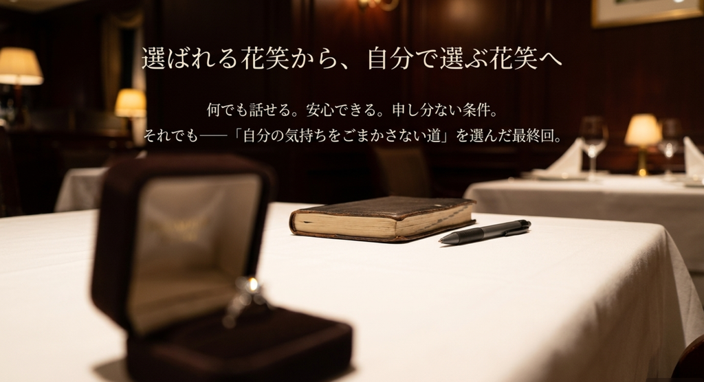 朝尾のプロポーズを前に、条件ではなく自分の気持ちを選ぶ花笑の変化を表したスライド