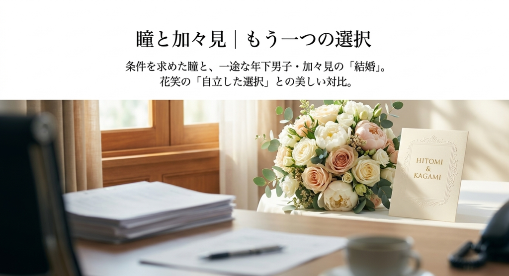 大川瞳と加々見龍生の結婚と、花笑が自分の気持ちで未来を選ぶ姿を対比したスライド