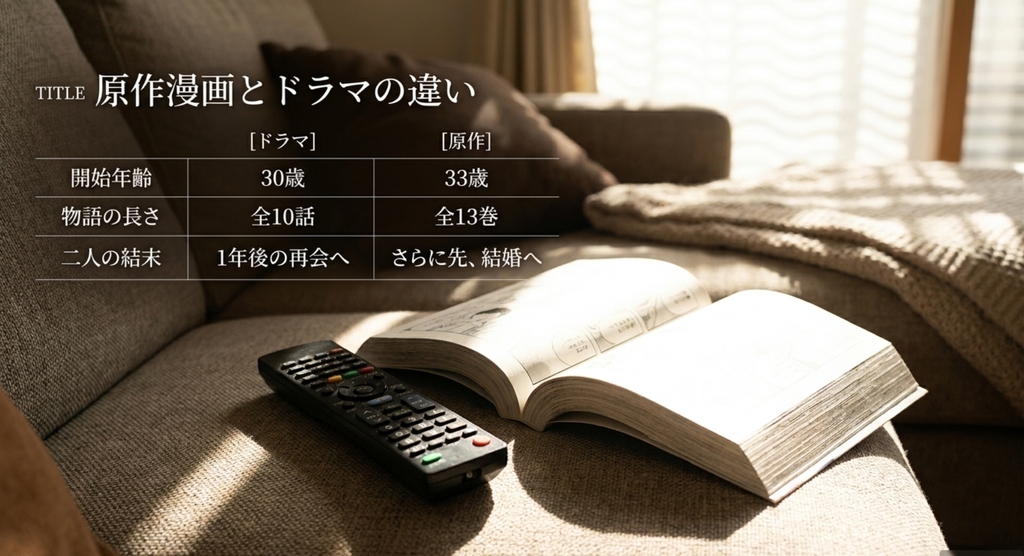 ドラマ版は花笑30歳・全10話・1年後の再会、原作は33歳・全13巻・結婚へ進む違いを比較したスライド