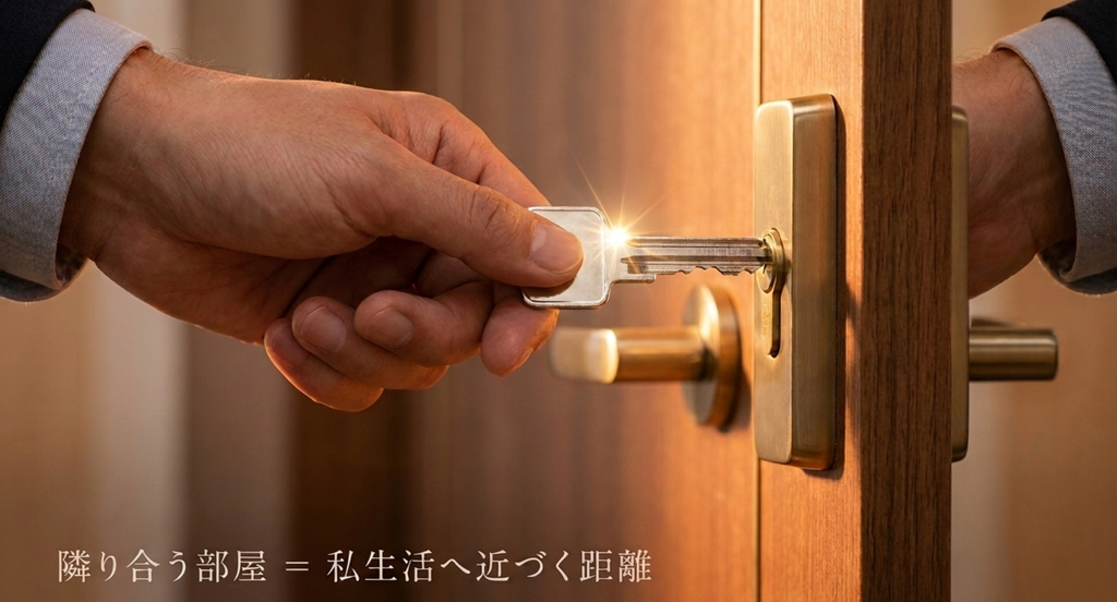 『恋はつづくよどこまでも』で天堂浬と佐倉七瀬が隣り合う部屋に住むことで、仕事から私生活へ距離が近づいていくことを表したスライド