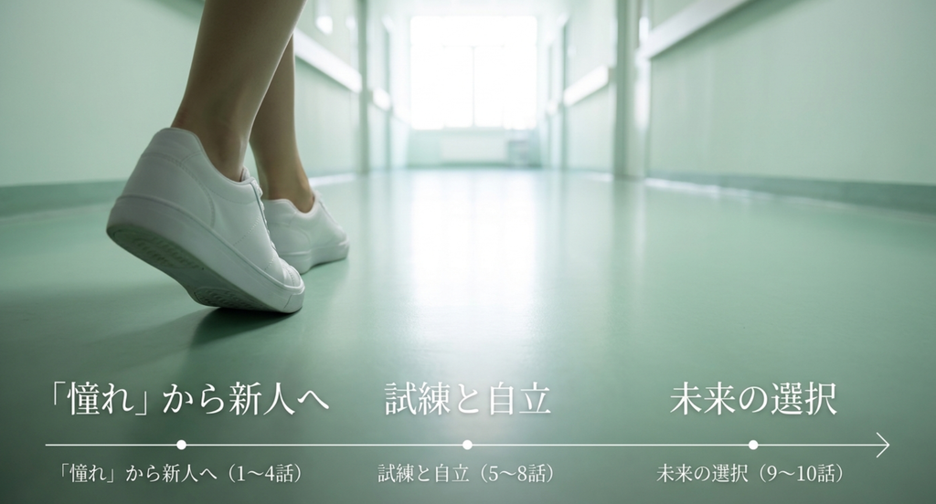 『恋はつづくよどこまでも』全10話を、1〜4話の憧れから新人へ、5〜8話の試練と自立、9〜10話の未来の選択という七瀬の成長で整理したスライド
