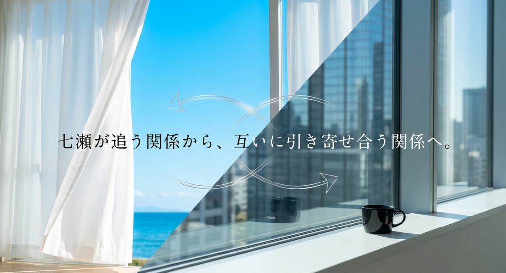 『恋はつづくよどこまでも』で七瀬だけが天堂を追っていた恋が、第8話を境に互いが互いを求める関係へ変わることを表したスライド