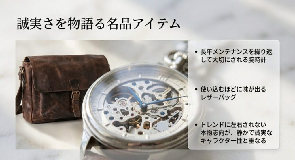 晃次の誠実なキャラクター性を物語る長年愛用される腕時計とレザーバッグ