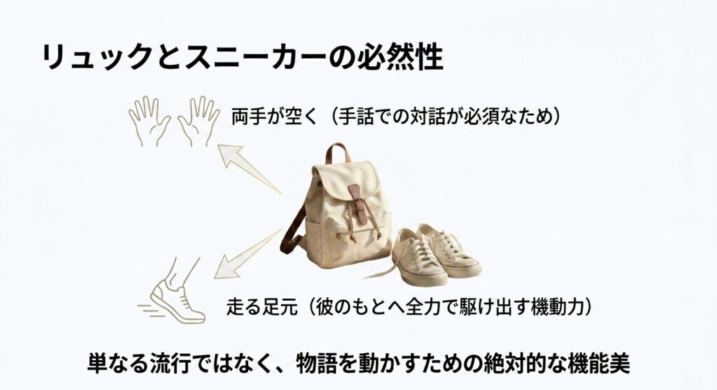 手話や全力で走るために選ばれたリュックとスニーカーの機能的な必然性
