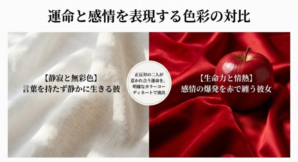 晃次の無彩色と紘子の情熱的な赤による運命と感情を表現する色彩の対比