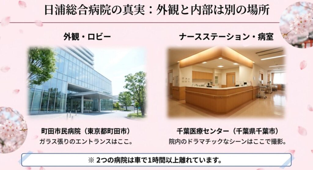 日浦総合病院の外観ロケ地（町田市民病院）と内部ロケ地（千葉医療センター）の比較