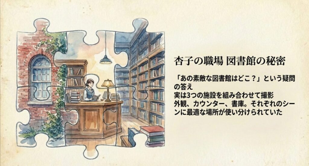外観・カウンター・書庫が別の場所であることを示すパズルのイラスト