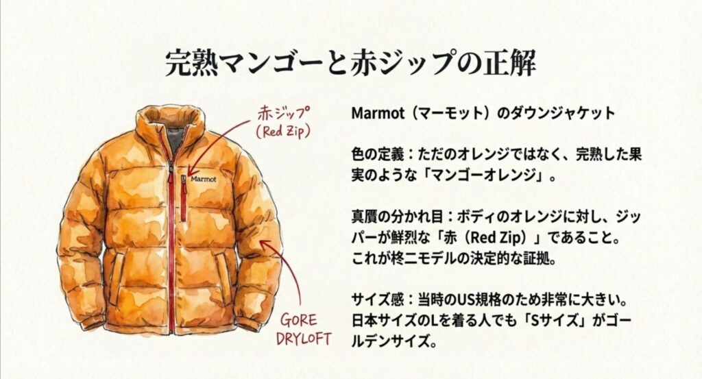 Marmotのダウンジャケット。完熟マンゴーオレンジのボディと赤色のジッパー（Red Zip）の特徴解説