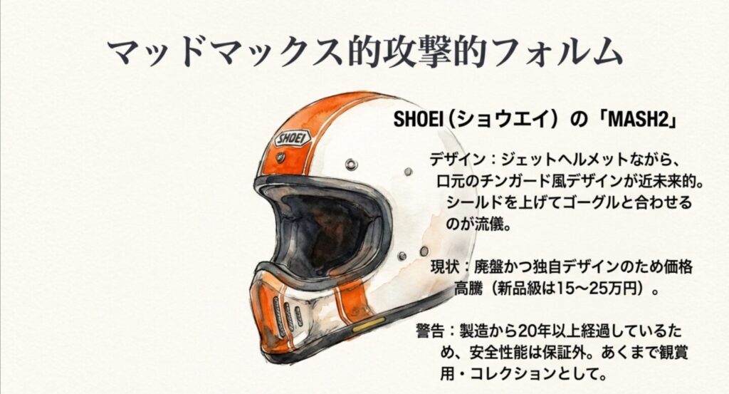 SHOEIのヘルメットMASH2。口元のチンガードデザインや現在の価格高騰についての解説