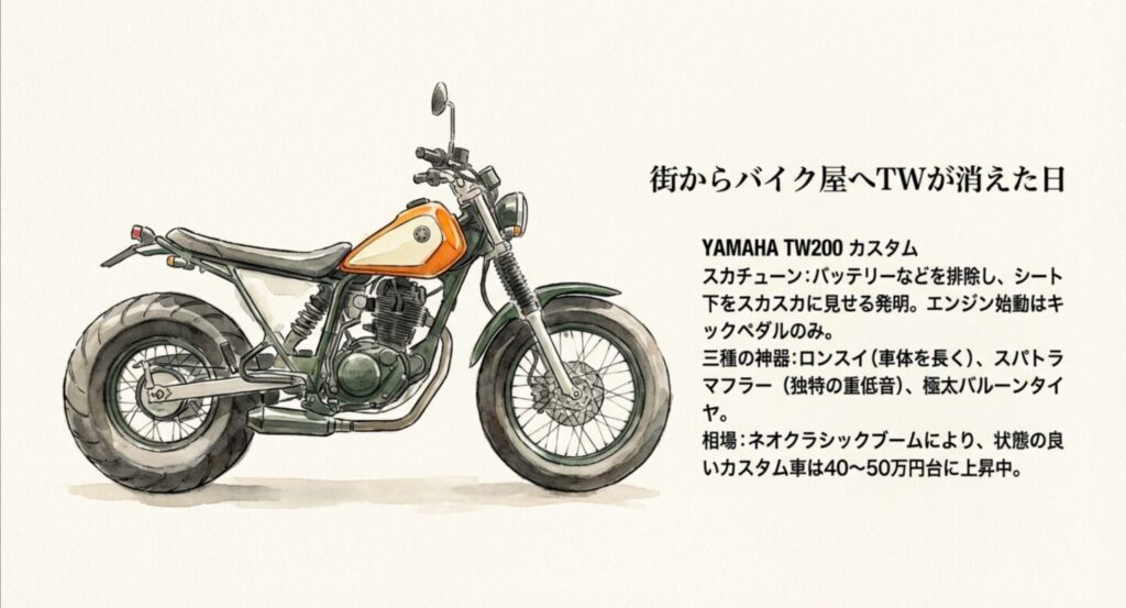 YAMAHA TW200のカスタムバイク。スカチューン、ロンスイ、スパトラなどの改造ポイント解説