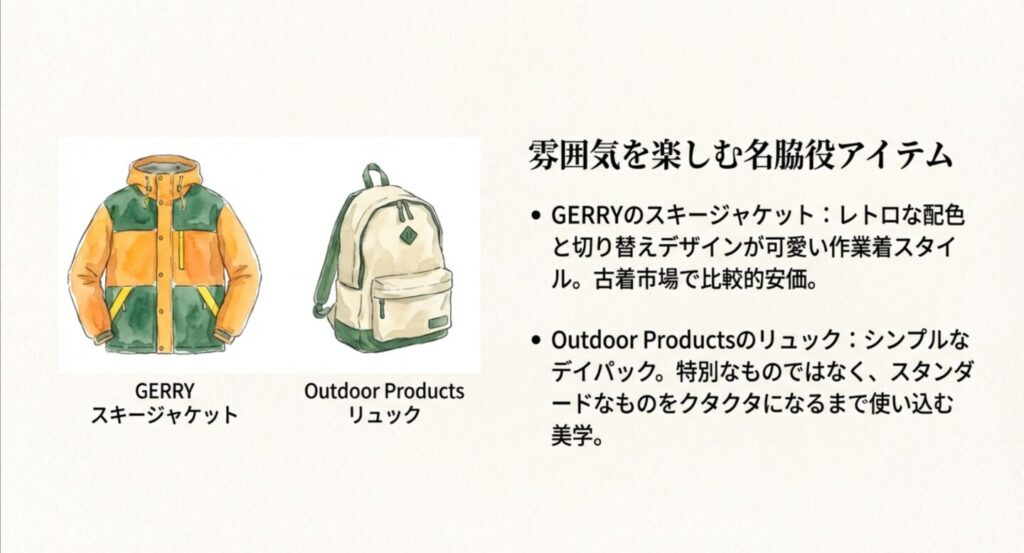 GERRYのスキージャケットとOutdoor Productsのリュックのイラスト。名脇役アイテムの紹介