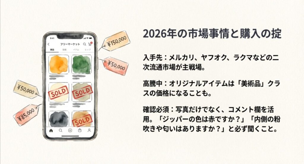 フリマアプリでの検索画面イメージ。SOLD OUTの表示と高騰する価格相場