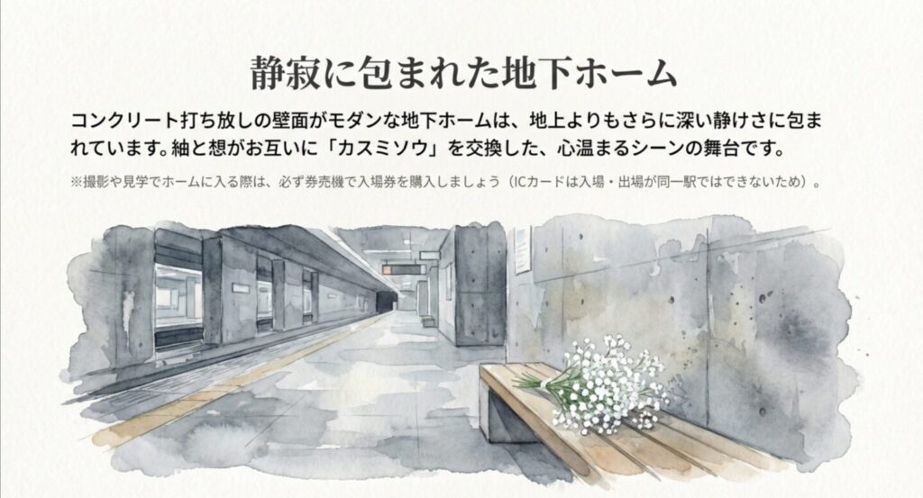 静寂に包まれた世田谷代田駅の地下ホームとカスミソウのイラスト
