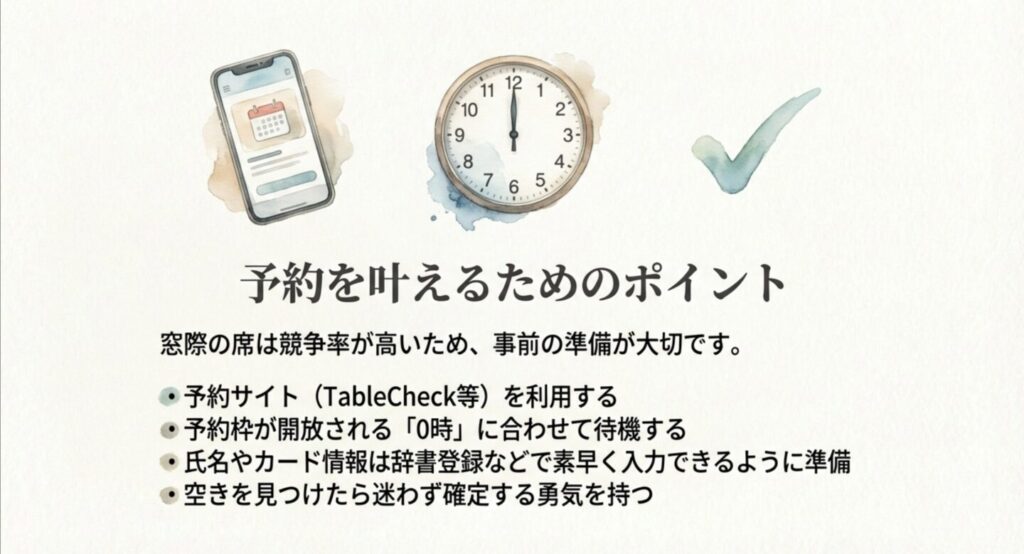 カフェ予約のためのスマホ画面と時計のイラスト