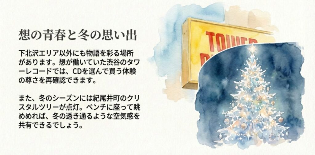 渋谷タワーレコードの看板とクリスマスツリーのイラスト