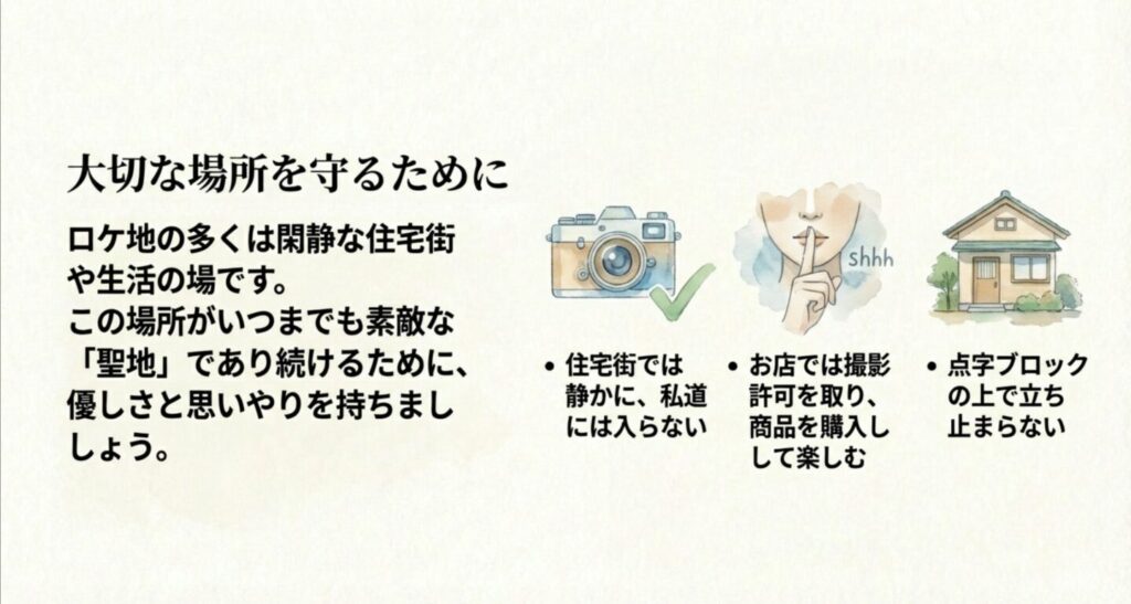 聖地巡礼のマナーとして住宅街での私語厳禁や撮影許可の重要性を伝えるイラスト