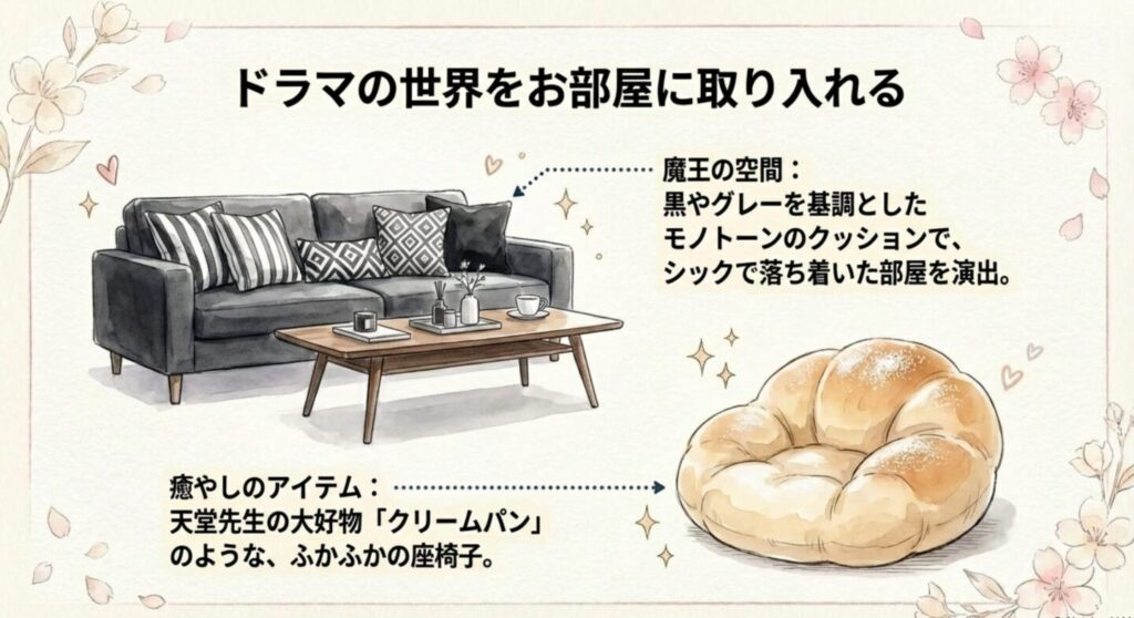 ドラマの世界観を取り入れたモノトーンの部屋とクリームパンのような座椅子