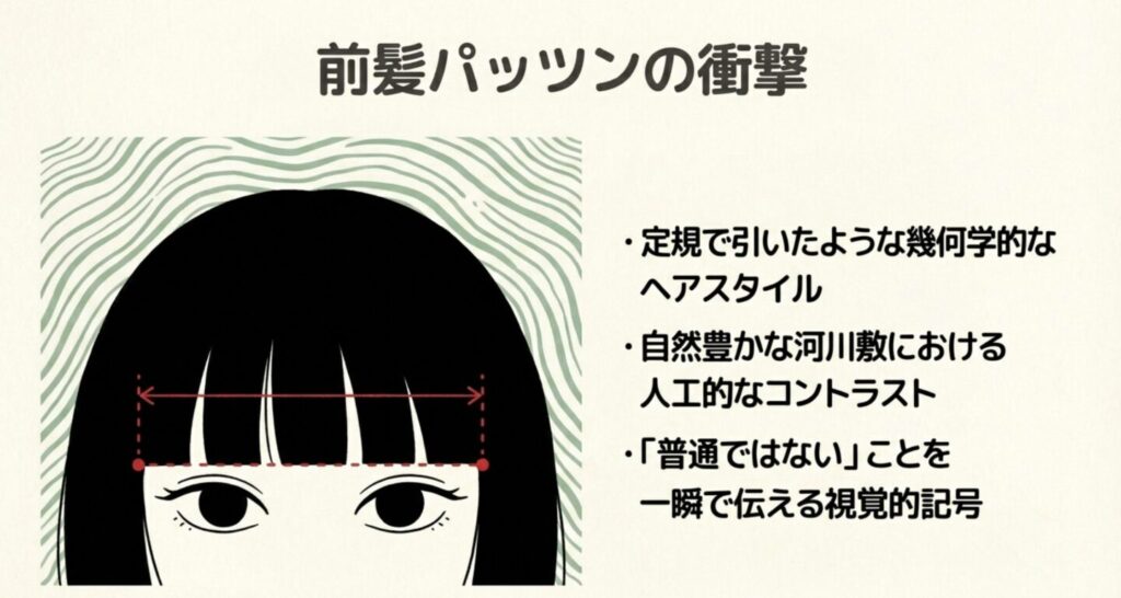 ハツ美の特徴である定規で引いたような前髪パッツンのビジュアル解説