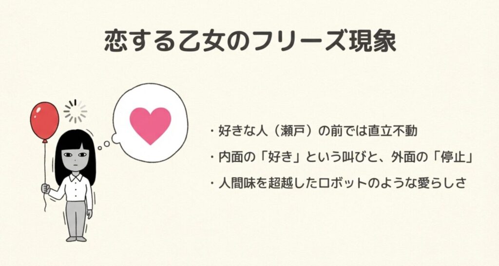 好きな人（瀬戸）の前で緊張し直立不動でフリーズするハツ美のイラスト