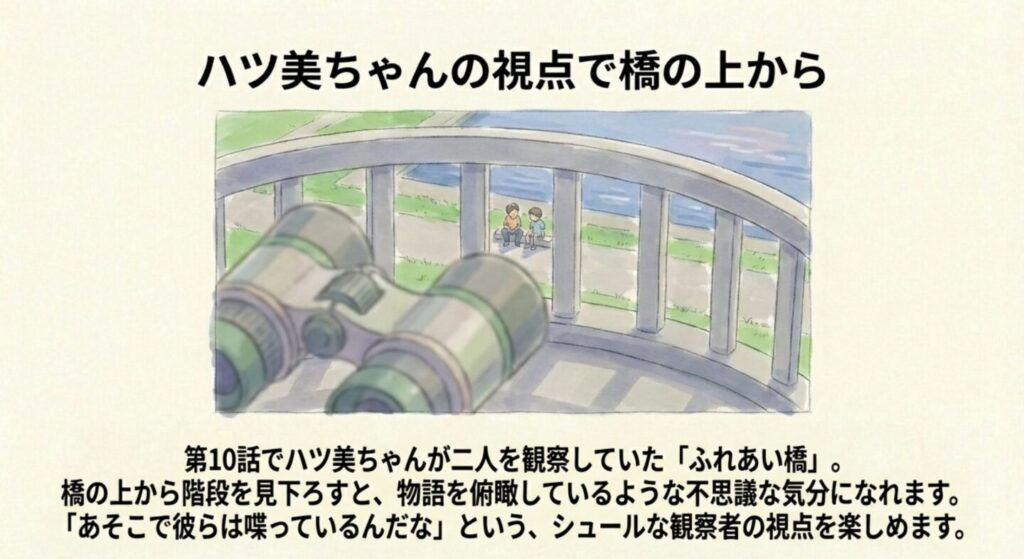 ハツ美の視点で見るふれあい橋と階段