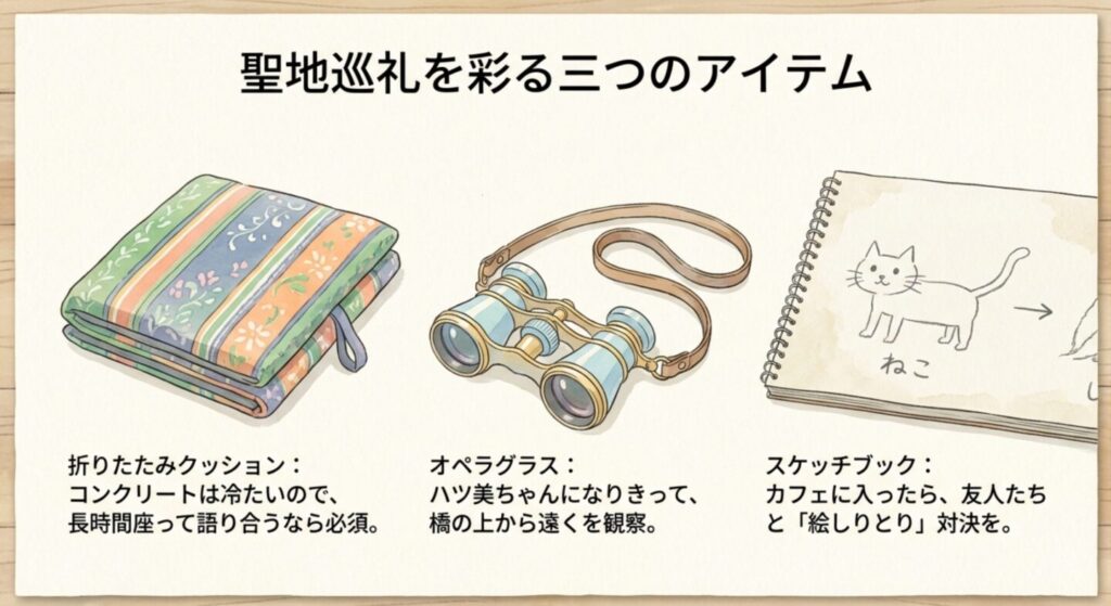 聖地巡礼にあると便利なクッション・オペラグラス・スケッチブック