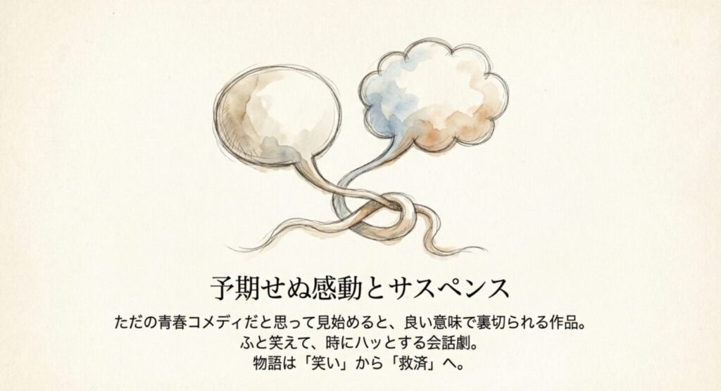 ドラマ『セトウツミ』の象徴である会話の吹き出しと、それが複雑に絡み合い結びつく様子を描いたイラスト