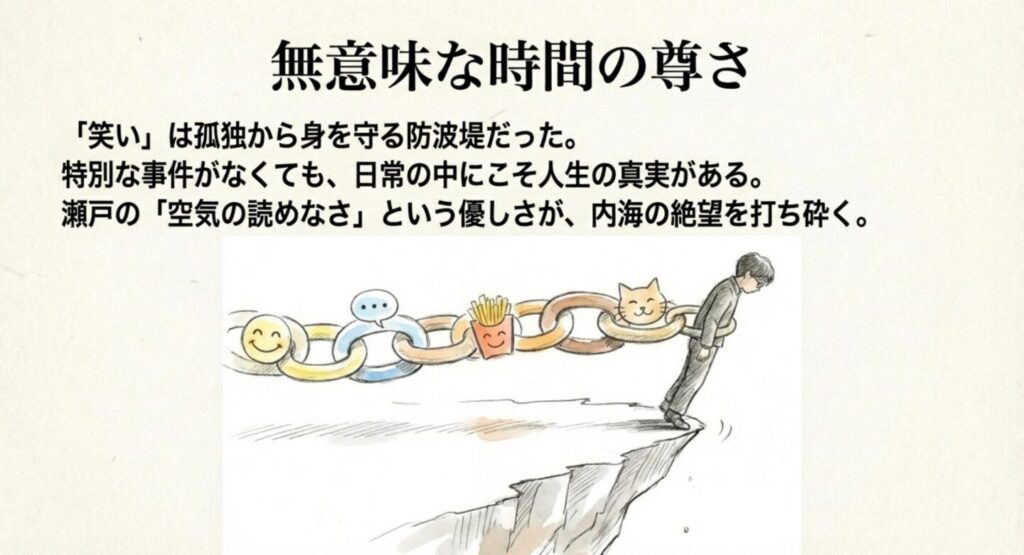 日常会話のアイコン（笑顔、ポテト、猫）が鎖となり、崖っぷちの内海を引き留める様子を描いたイラスト