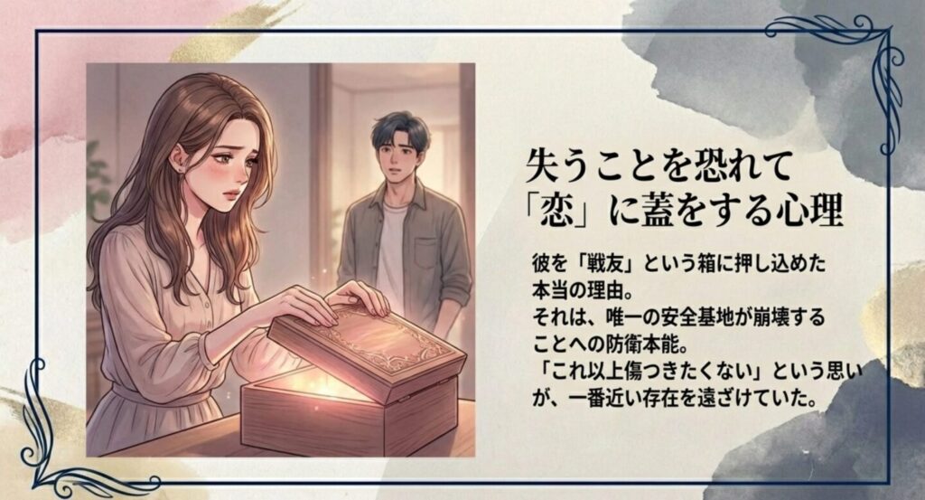 唯一の安全基地が崩壊することを恐れ、彼を「戦友」という箱に押し込めた心理