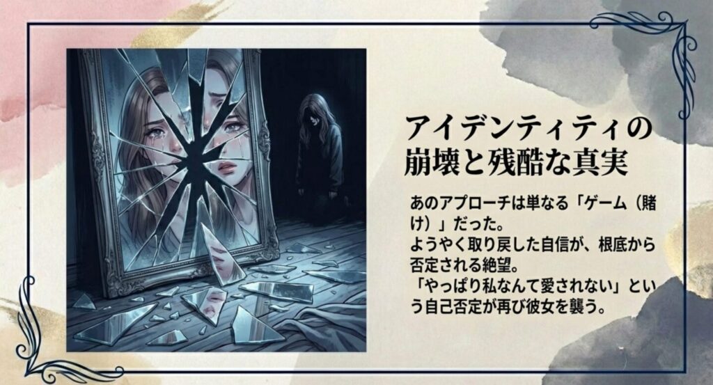 広斗のアプローチが賭けだと知り、自己否定が再び彼女を襲う絶望の瞬間