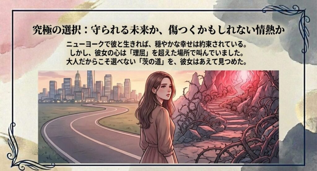 守られる未来か、傷つくかもしれない情熱か。大人だからこそ選べない茨の道