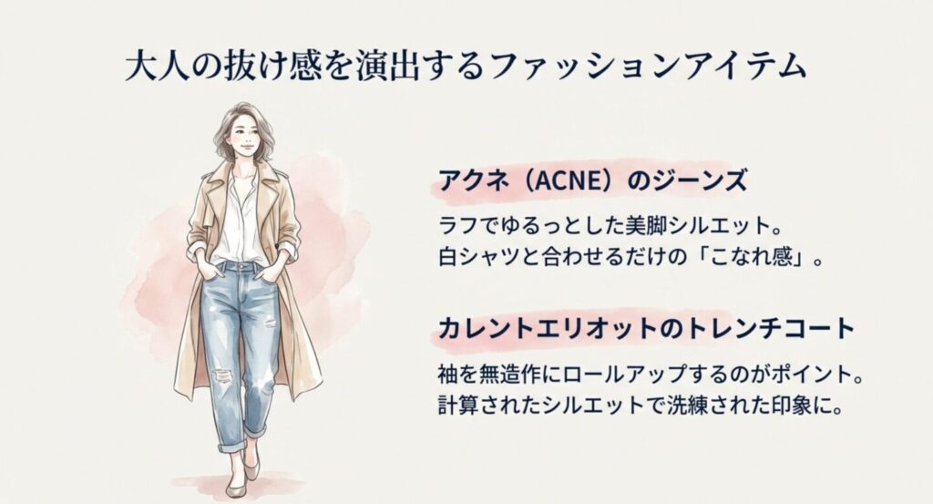 大人の抜け感を演出するデニムとトレンチコートのコーディネート