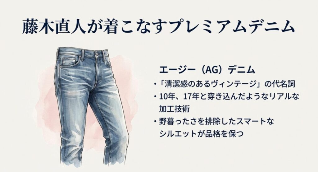 藤木直人が着用したAGのプレミアムデニム