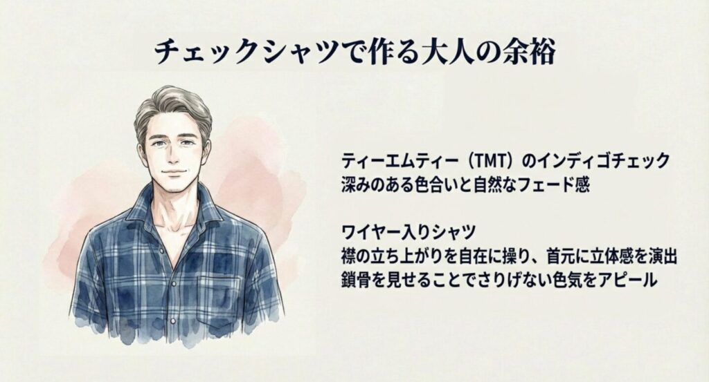 TMTのインディゴチェックシャツとワイヤー入りシャツ