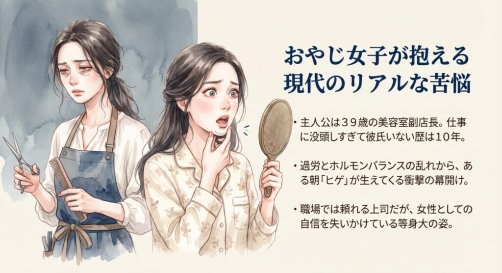 ヒゲが生えて衝撃を受けるおやじ女子のイラスト
