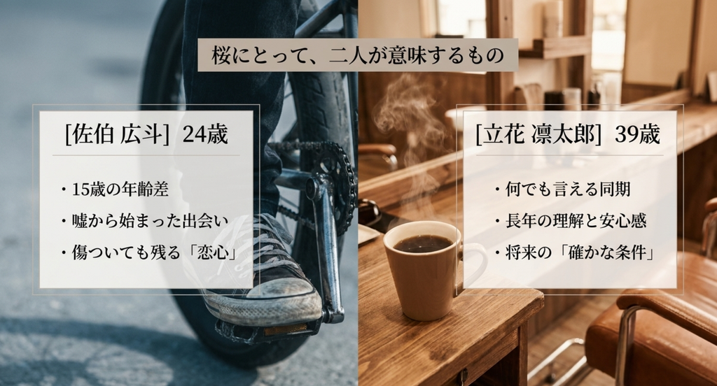 『ラスト・シンデレラ』で桜にとって広斗は傷ついても残る恋心、凛太郎は長年の理解と安心感を持つ存在であることを比較したスライド