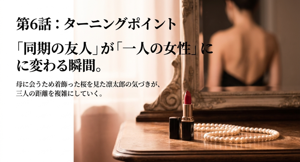 『ラスト・シンデレラ』第6話で、凛太郎が母に会うため着飾った桜を見て、同期の友人から一人の女性として意識し始める転換点を表したスライド