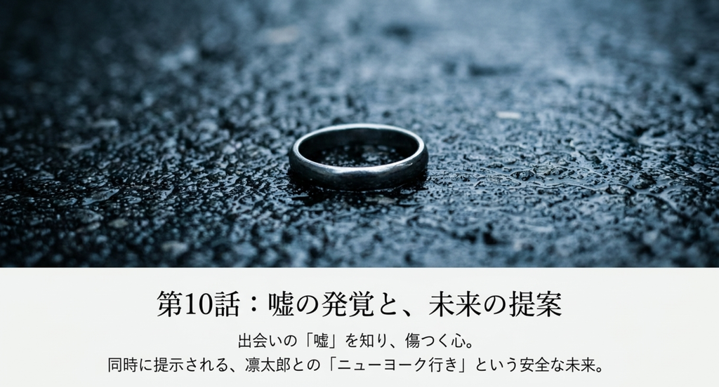 『ラスト・シンデレラ』第10話で広斗との出会いの嘘を知り傷つく桜と、同時に凛太郎からニューヨークという未来を提示される状況を表したスライド