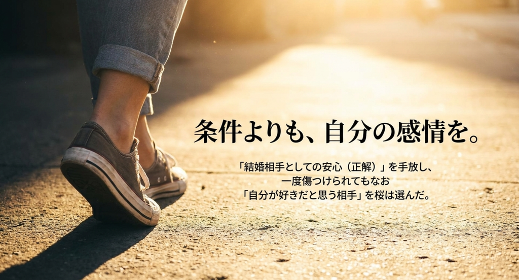 『ラスト・シンデレラ』最終回で遠山桜が、結婚相手としての安心や条件ではなく、一度傷ついてもなお残った自分の恋心を選ぶことを表したスライド
