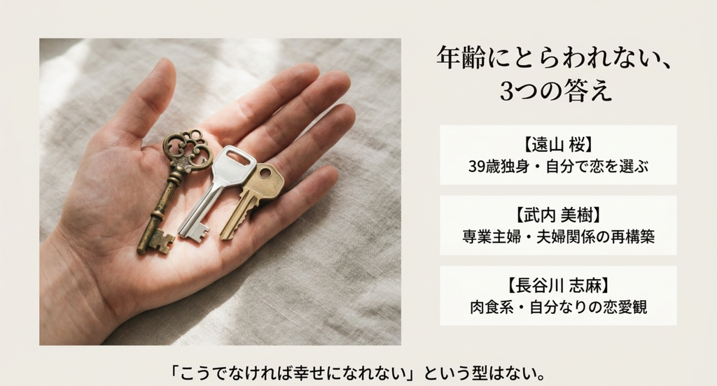 『ラスト・シンデレラ』の桜、美樹、志麻がそれぞれ違う生き方と恋愛の答えを選び、幸せに一つの型はないことを表したスライド