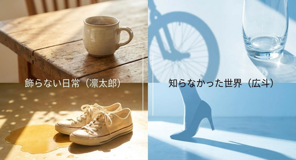 『ラスト・シンデレラ』で凛太郎が象徴する飾らない日常と、広斗が桜に見せた知らなかった世界を対比したスライド
