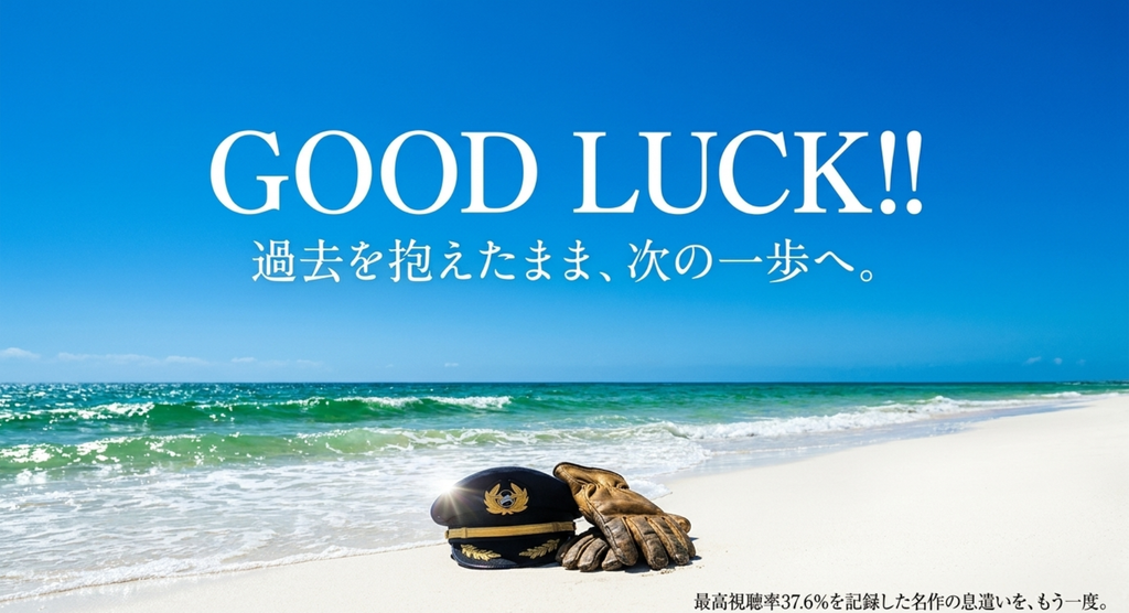 青い海と空を背景に過去を抱えたまま次の一歩へ進むGOOD LUCK!!のテーマを示したスライド